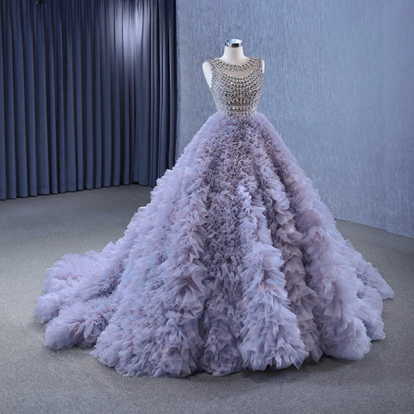 High-end Charming Grey Lavender Handmade  Rhinestone Pleated Prom Dresses 2023 Ball Gown Scoop Neck Sleeveless Chapel Train Prom Formal Dresses