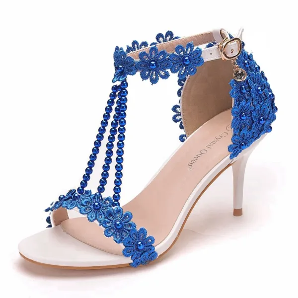 Charming Multi-Colors T-Strap Pearl Lace Flower Prom Womens Sandals 2024 7 cm Stiletto Heels Open / Peep Toe Sandals High Heels