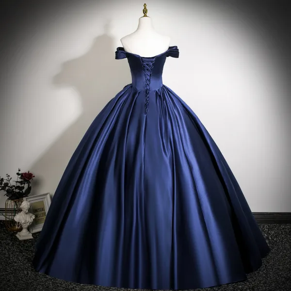 Vintage / Retro Navy Blue Prom Dresses 2025 Ball Gown Off-The-Shoulder Sleeveless Backless Floor-Length / Long Formal Dresses