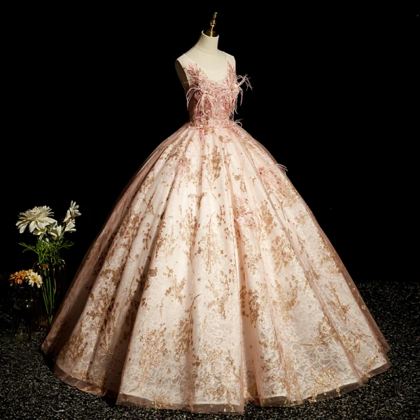 Elegant Blushing Pink Prom Dresses 2023 Ball Gown Scoop Neck Beading Rhinestone Sequins Lace Flower Tassel Sleeveless Backless Floor-Length / Long Formal Dresses