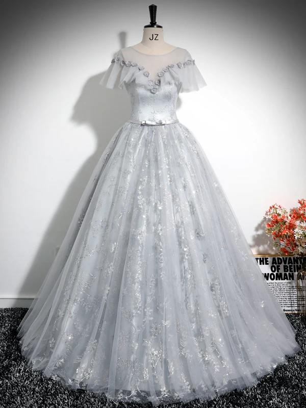 Vintage / Retro Grey Printing Appliques Prom Dresses 2024 Ball Gown Scoop Neck Short Sleeve Backless Floor-Length / Long Prom Formal Dresses