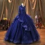 Vintage / Retro Navy Blue Pearl Sequins Lace Flower Prom Dresses 2022 Ball Gown High Neck Cascading Ruffles Long Sleeve Backless Beading Floor-Length / Long