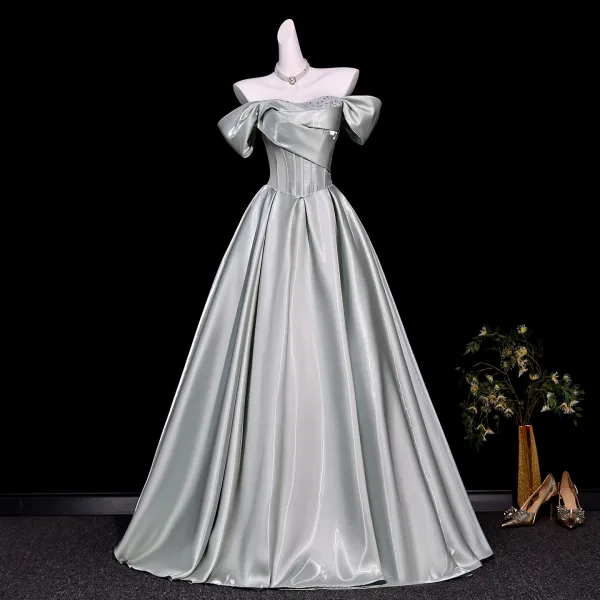Classy Silver Satin Prom Dresses 2026 Ball Gown Off-The-Shoulder Short Sleeve Backless Floor-Length / Long Formal Dresses