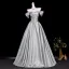 Classy Silver Satin Prom Dresses 2026 Ball Gown Off-The-Shoulder Short Sleeve Backless Floor-Length / Long Formal Dresses