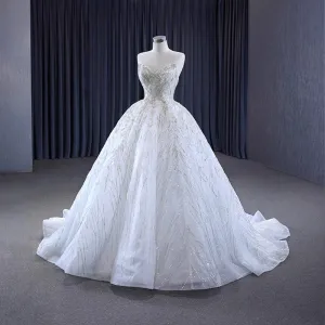 Luxe Charmant Blanche Glitter Perlage Paillettes Robe De Mariée 2023 Robe Boule Bustier Sans Manches Dos Nu Tribunal Train Mariage