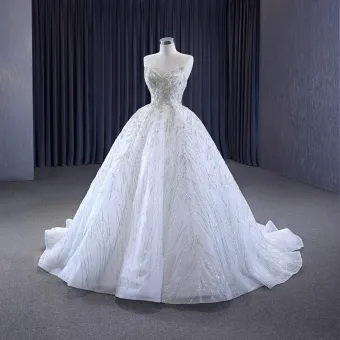 Luxe Charmant Blanche Glitter Perlage Paillettes Robe De Mariée 2023 Robe Boule Bustier Sans Manches Dos Nu Tribunal Train Mariage