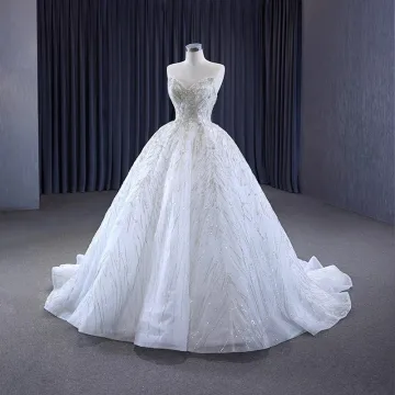 Luxe Charmant Blanche Glitter Perlage Paillettes Robe De Mariée 2023 Robe Boule Bustier Sans Manches Dos Nu Tribunal Train Mariage