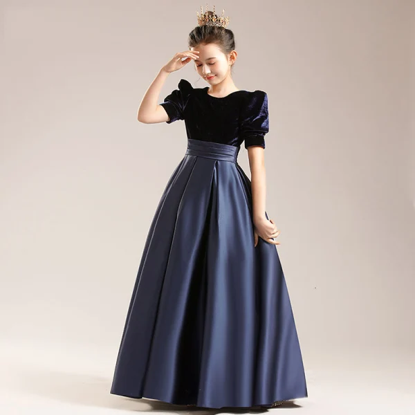 Vintage / Retro Satin Black Birthday Prom Flower Girl Dresses 2022 A-Line / Princess Scoop Neck Short Sleeve Floor-Length / Long Flower Girl Dresses