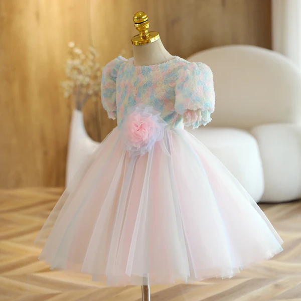 Chic / Beautiful Multi-Colors Birthday Flower Girl Dresses 2022 Ball Gown Scoop Neck Appliques Short Sleeve Short Flower Girl Dresses