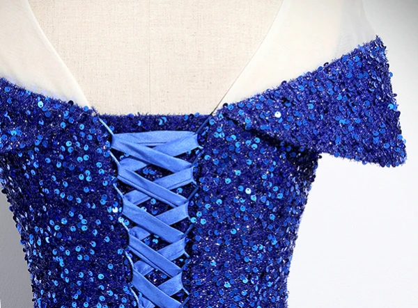 Sparkly Royal Blue Beading Sequins Prom Dresses 2024 Ball Gown Off-The-Shoulder Short Sleeve Backless Floor-Length / Long Prom Formal Dresses