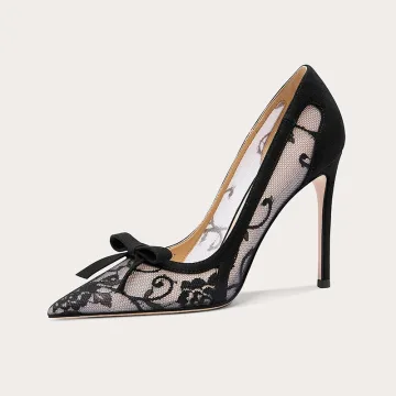 Sexy Zwarte Kant Bloem Strik Gala Pumps 2024 Leer 10 Cm Naaldhakken Stiletto Spitse Neus Pumps Hoge Hakken