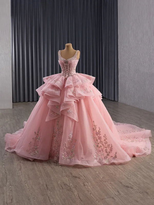 Luxury / Gorgeous Candy Pink Handmade  Beading Lace Flower Appliques Pearl Sequins Corset Prom Dresses 2025 Ball Gown V-Neck Sleeveless