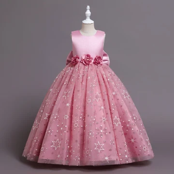 Schöne Pink Pailletten Applikationen Geburtstag Blumenmädchenkleider 2024 Ballkleid Rundhalsausschnitt Ärmellos Rückenfreies Schleife Lange