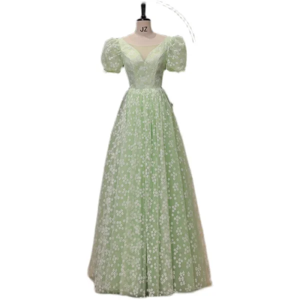 Chic / Beautiful Sage Green Floral Outdoor / Garden Prom Dresses 2023 A-Line / Princess Scoop Neck Short Sleeve Backless Floor-Length / Long Prom Formal Dresses