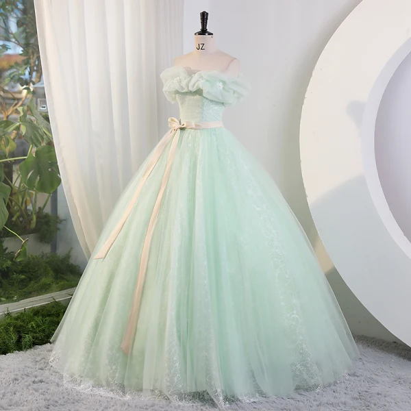 Chic / Beautiful Sage Green Pearl Appliques Prom Dresses 2023 Ball Gown Strapless Sleeveless Backless Bow Sash Floor-Length / Long Prom Formal Dresses