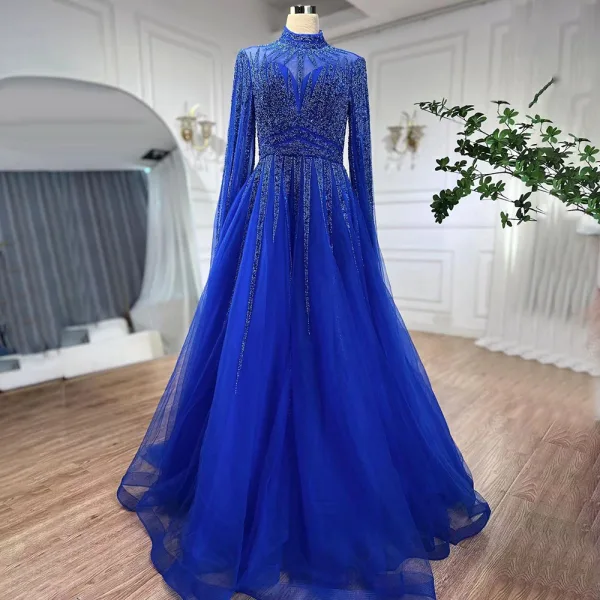 High End Elegante Lindgrün Handgefertigt Perlenstickerei Pailletten Ballkleider 2024 A Linie Stehkragen Lange Ärmel Sweep / Pinsel Zug Ball Festliche Kleider