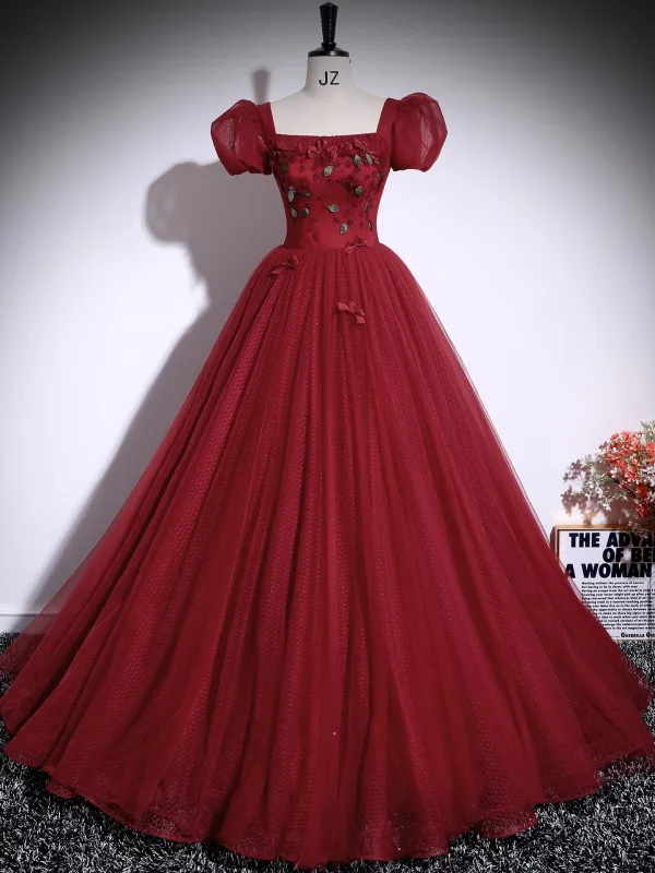 Modest / Simple Burgundy Appliques Prom Dresses 2025 Ball Gown Square Neckline Puffy Short Sleeve Backless Floor-Length / Long Formal Dresses