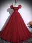 Modest / Simple Burgundy Appliques Prom Dresses 2025 Ball Gown Square Neckline Puffy Short Sleeve Backless Floor-Length / Long Formal Dresses