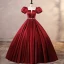 Elegant Burgundy Satin Prom Dresses 2023 Ball Gown Square Neckline Puffy Short Sleeve Backless Rhinestone Sash Floor-Length / Long Prom Formal Dresses