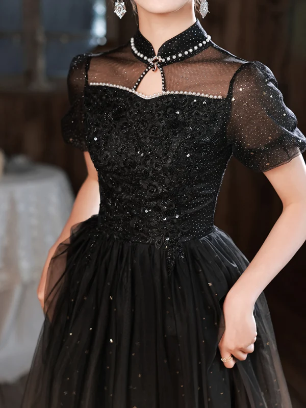 Chic / Belle Noire Perlage Perle Paillettes Robe De Soirée 2023 Princesse Col Haut Manches Courtes Longue Soirée Robe De Ceremonie