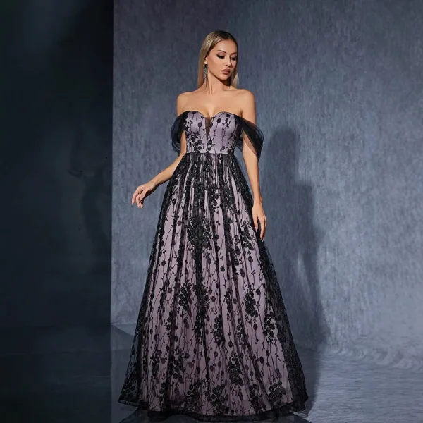 Chic / Beautiful Purple Lace Flower Prom Dresses 2025 A-Line / Princess Off-The-Shoulder Sleeveless Backless Floor-Length / Long Prom Formal Dresses