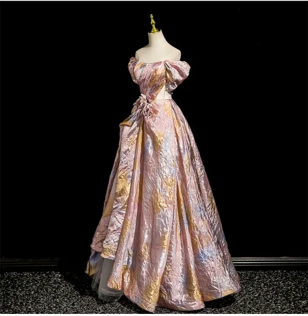 Fashion Blushing Pink Beading Prom Dresses 2025 A-Line / Princess Off-The-Shoulder Short Sleeve Backless Floor-Length / Long Formal Dresses