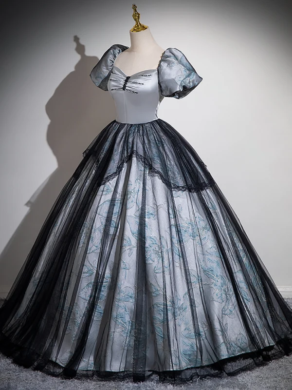 Vintage / Retro Grey Printing Prom Dresses 2024 Ball Gown Square Neckline Puffy Short Sleeve Backless Floor-Length / Long Prom Formal Dresses