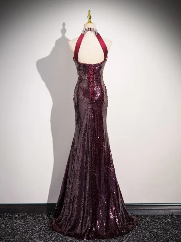Scintillantes Sexy Bordeaux Faux Diamant Paillettes Robe De Bal Robe De Soirée 2024 Trompette / Sirène Titulaire Sans Manches Dos Nu Longue Promo Robe De Ceremonie
