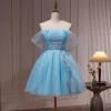 Sexy Bleu Ciel Perlage Perle Paillettes Courte Robe De Fête 2023 Bustier Sans Manches Dos Nu Robe De Ceremonie