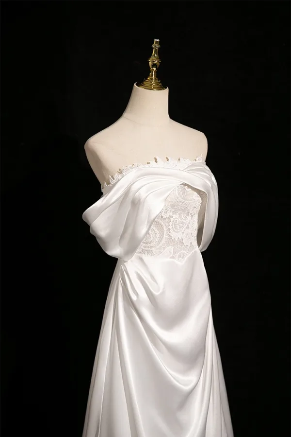 Élégant Ivoire En Dentelle Fleur Satin Robe De Mariée 2025 Princesse De l'épaule Manches Courtes Dos Nu Train De Balayage Mariage