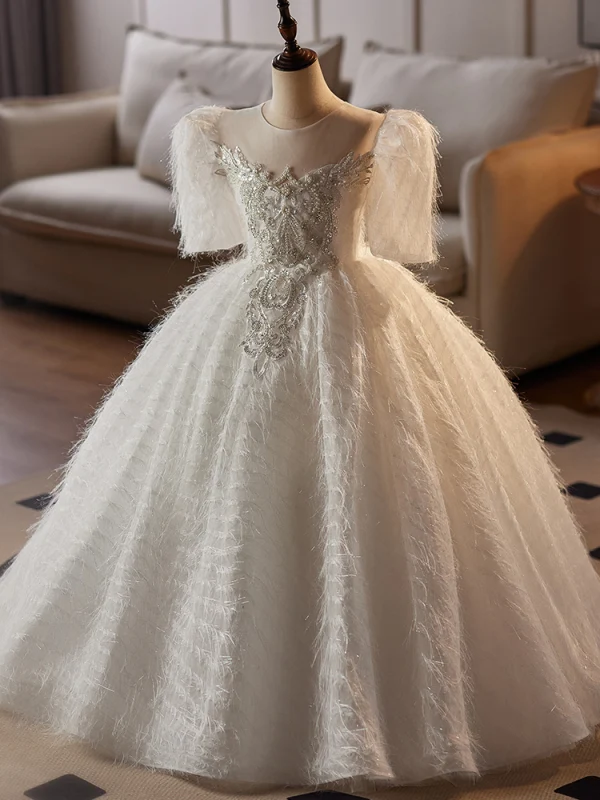 Élégant Blanche Perlage Perle Paillettes En Dentelle Fleur Gland Mariage Robe Ceremonie Fille 2024 Robe Boule Encolure Dégagée Manches Courtes Longue