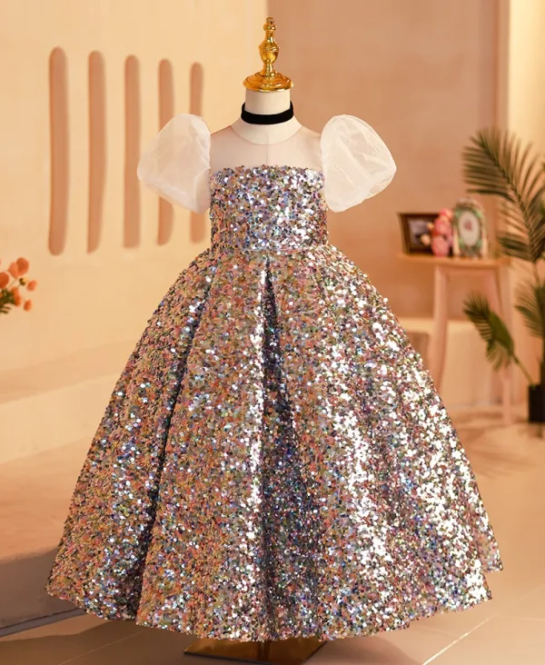 Sparkly Multi-Colors Sequins Silver Birthday Flower Girl Dresses 2024 Ball Gown Scoop Neck Puffy Short Sleeve Backless Floor-Length / Long