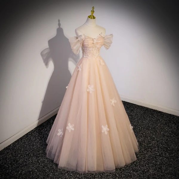 Mode Champagne Appliques Paillettes Robe De Bal 2023 Princesse De l'épaule Manches Courtes Dos Nu Longue Robe De Ceremonie