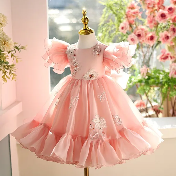 Chic / Beautiful Blushing Pink Beading Sequins Bow Birthday Flower Girl Dresses 2025 Ball Gown Scoop Neck Sleeveless Floor-Length / Long Tulle Flower Girl Dresses