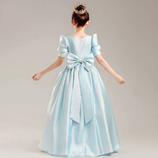 Chic / Belle Bleu Ciel Satin Anniversaire Robe Ceremonie Fille Princesse 2022 Encolure Dégagée Perlage Paillettes Faux Diamant Noeud Manches Courtes Longue Robe Ceremonie Fille