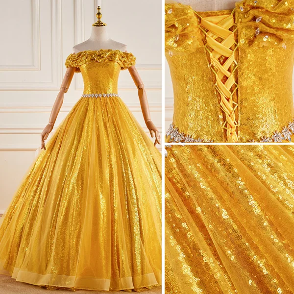 Sparkly Yellow Sequins Rhinestone Prom Dresses 2023 Ball Gown Off-The-Shoulder Sleeveless Backless Floor-Length / Long Prom Formal Dresses