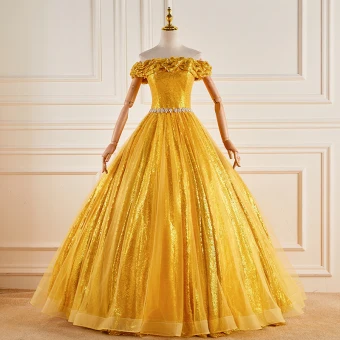 Scintillantes Jaune Paillettes Faux Diamant Robe De Bal 2023 Robe Boule De L Épaule Sans Manches Dos Nu Longue Promo Robe De Ceremonie