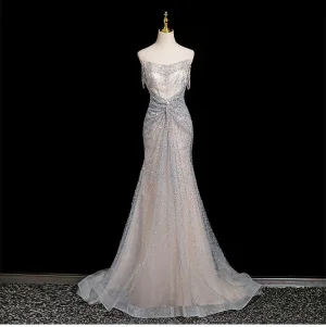 Sexy Silver Grey Beading Sequins Rhinestone Evening Dresses 2025 Trumpet Mermaid Strapless Sleeveless Backless Sweep Train Evening Party Formal Dresses