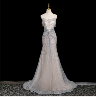 Sexy Silver Grey Beading Sequins Rhinestone Evening Dresses 2025 Trumpet Mermaid Strapless Sleeveless Backless Sweep Train Evening Party Formal Dresses