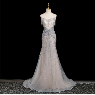 Sexy Argenté Gris Perlage Paillettes Faux Diamant Robe De Soirée 2025 Trompette Sirène Bustier Sans Manches Dos Nu Train De Balayage Soirée Robe De Ceremonie