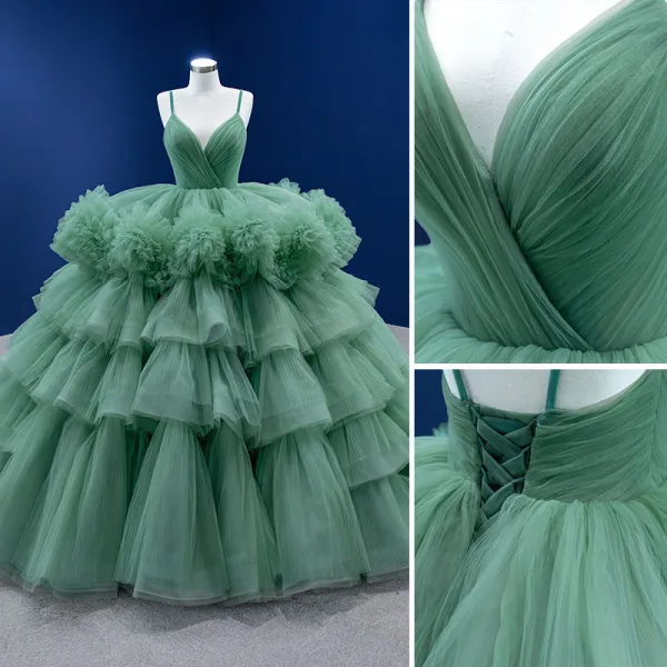Haut de Gamme Vert Cendré Volants en Cascade Volants Robe De Bal 2022 Robe Boule Bretelles Spaghetti Sans Manches Dos Nu Longue Robe De Ceremonie