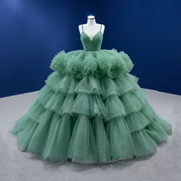 Haut De Gamme Vert Cendré Volants En Cascade Volants Robe De Bal 2022 Robe Boule Bretelles Spaghetti Sans Manches Dos Nu Longue Robe De Ceremonie