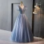 Chic / Beautiful Sky Blue Beading Rhinestone Prom Dresses 2023 A-Line / Princess V-Neck Puffy Short Sleeve Backless Floor-Length / Long Prom Formal Dresses