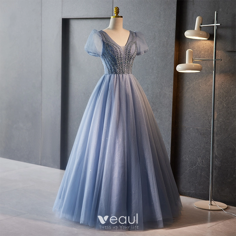 V Neck Blue Beading Puffy Sleeves Prom Dress V Neck Blue Beading Puffy Sleeves Prom Dress