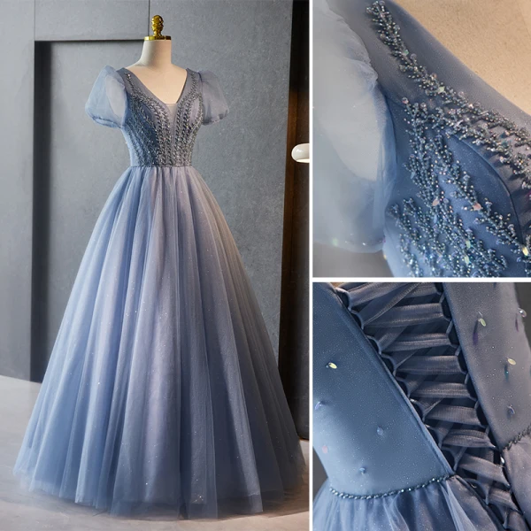 Chic / Beautiful Sky Blue Beading Rhinestone Prom Dresses 2023 A-Line / Princess V-Neck Puffy Short Sleeve Backless Floor-Length / Long Prom Formal Dresses