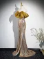 Scintillantes Doré Paillettes Fendue devant Robe De Bal 2024 Trompette / Sirène Bustier Noeud Sans Manches Dos Nu Train De Balayage Promo Robe De Ceremonie