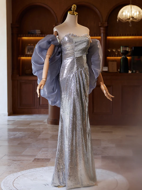 Scintillantes Argenté Gris Paillettes Robe De Bal 2024 Trompette / Sirène Bustier Manches Courtes Dos Nu Longue Promo Robe De Ceremonie