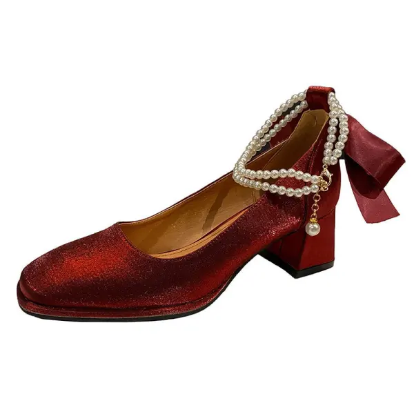 Vintage / Retro Beige Street Wear Womens Shoes 2022 Pearl Ankle Strap Bow 5 cm Thick Heels Square Toe Pumps High Heels