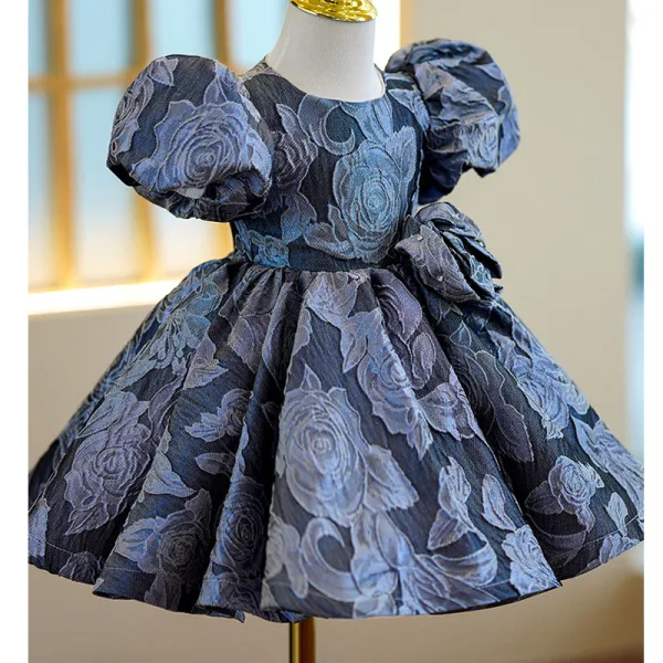 Vintage / Retro Navy Blue Flower Birthday Short Flower Girl Dresses 2022 Ball Gown Scoop Neck Puffy Short Sleeve Flower Girl Dresses