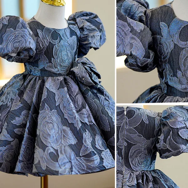 Vintage / Retro Navy Blue Flower Birthday Short Flower Girl Dresses 2022 Ball Gown Scoop Neck Puffy Short Sleeve Flower Girl Dresses
